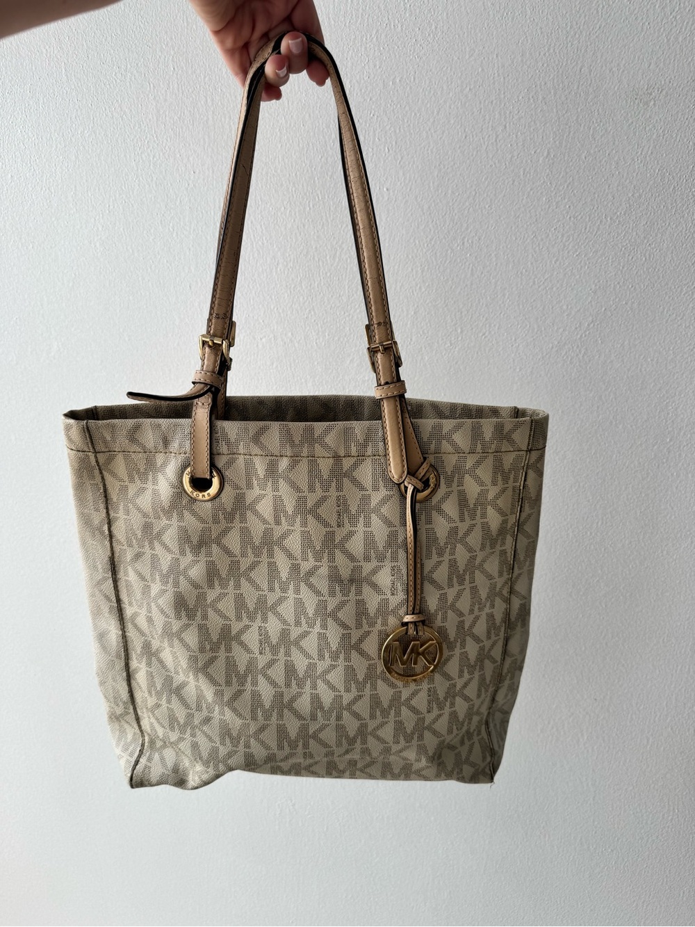 Michael Kors Beige MK Logo Canvas Tote with Tan Leather Trim